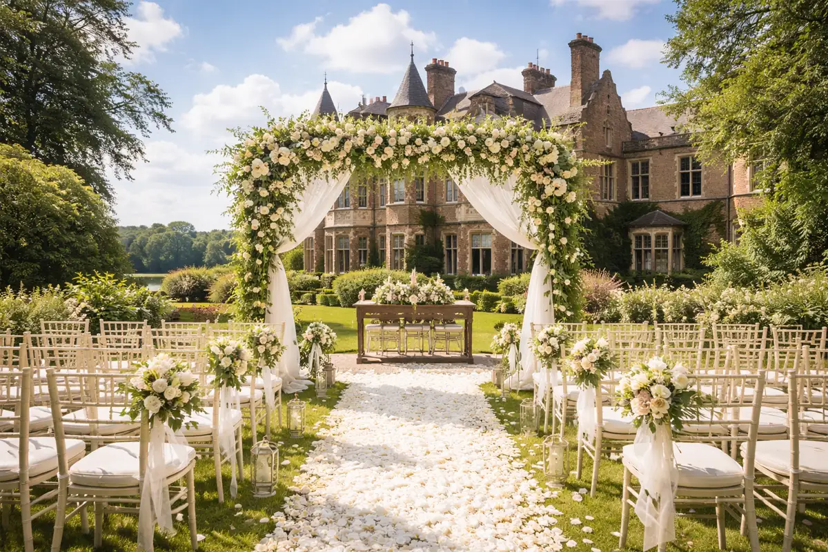 Outdoor wedding ceremony at luxury manor wedding venue in Shropshire garden