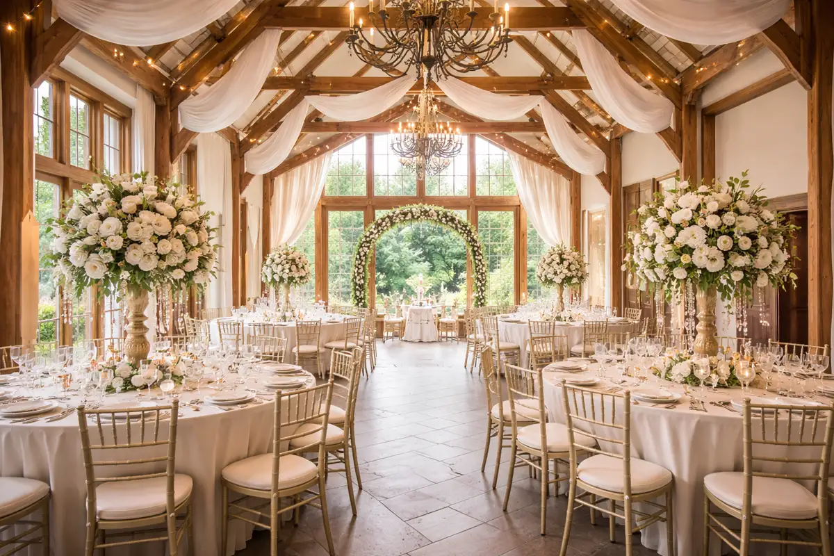 Wedding reception layout with round tables and dance floor in spacious wedding venue hall