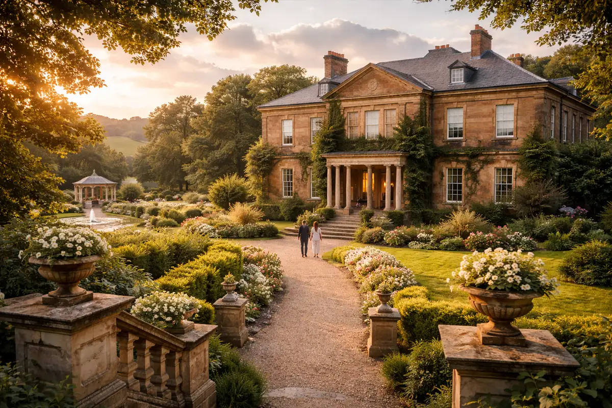 Historic country house manor with classical architecture and formal gardens