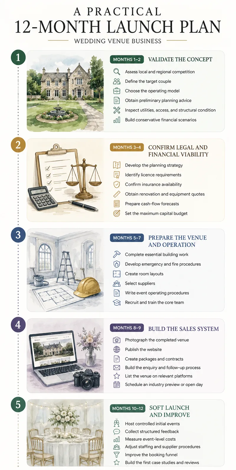 12-month wedding venue launch plan infographic