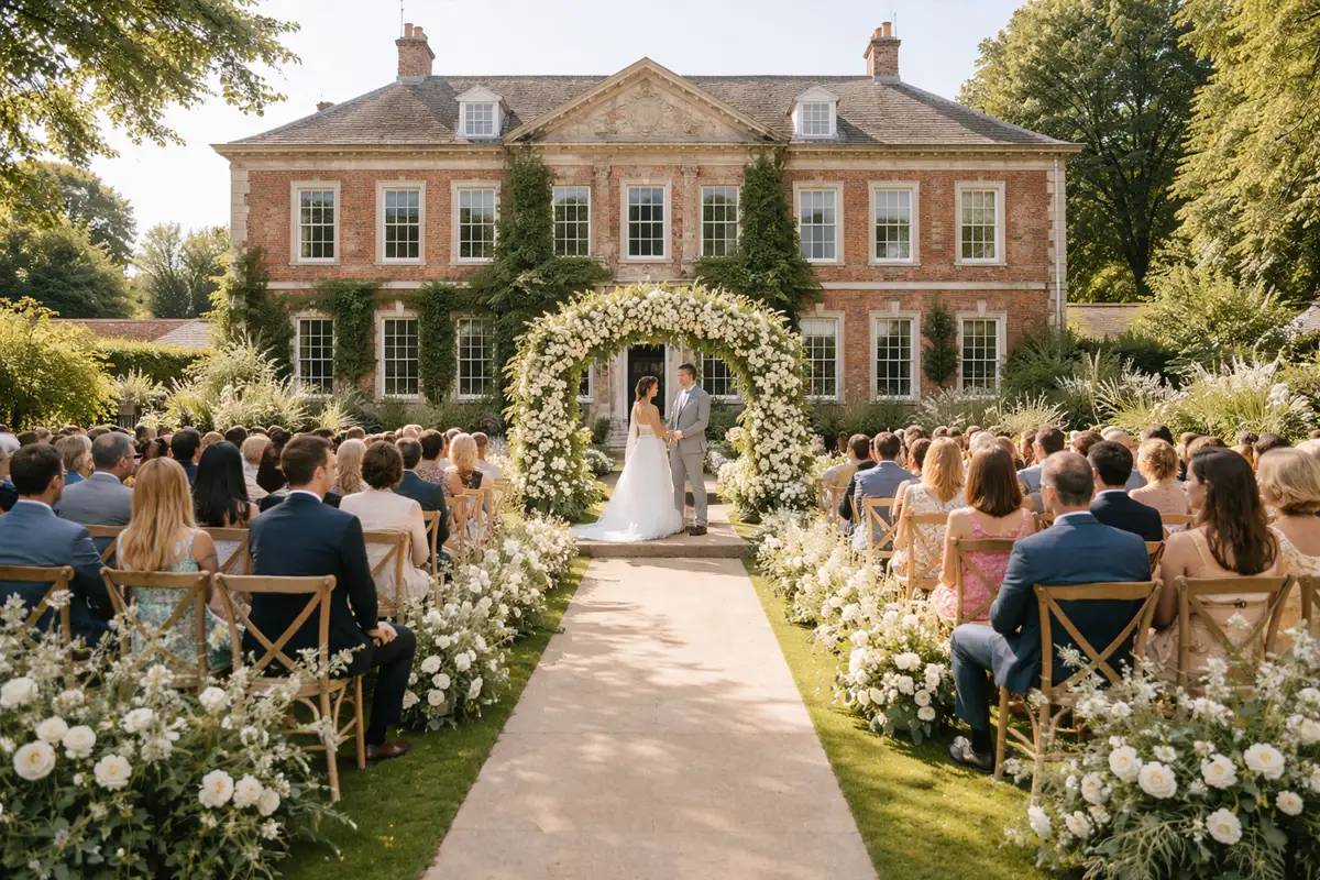 Outdoor country house wedding ceremony in manor garden