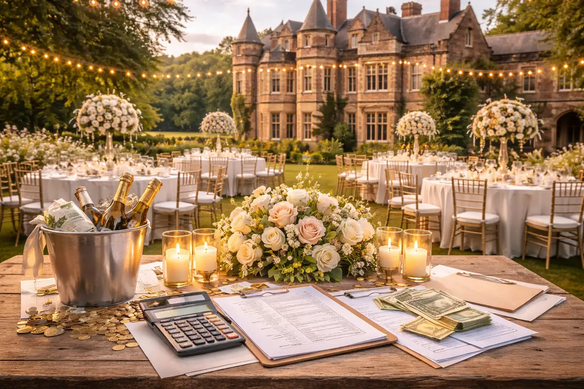 Country house wedding reception setup with budget planning table and manor backdrop