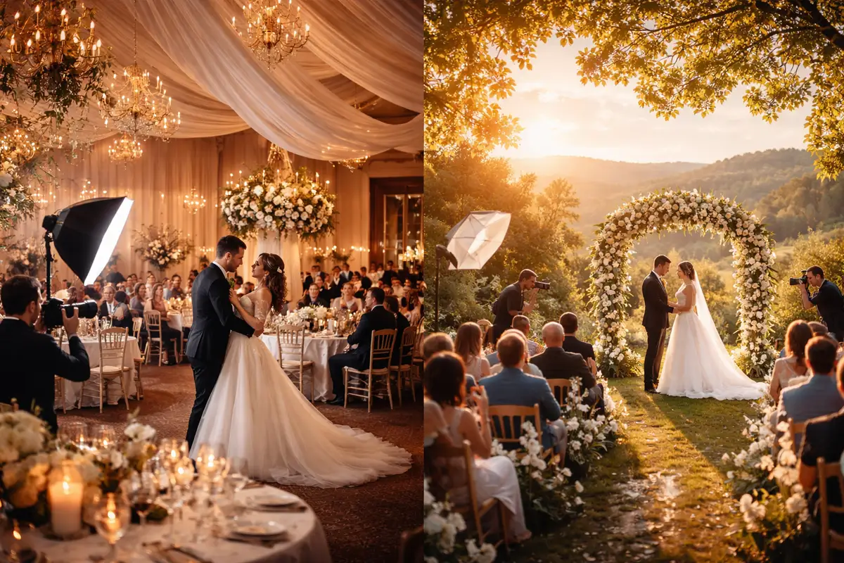Indoor and outdoor wedding photography lighting comparison