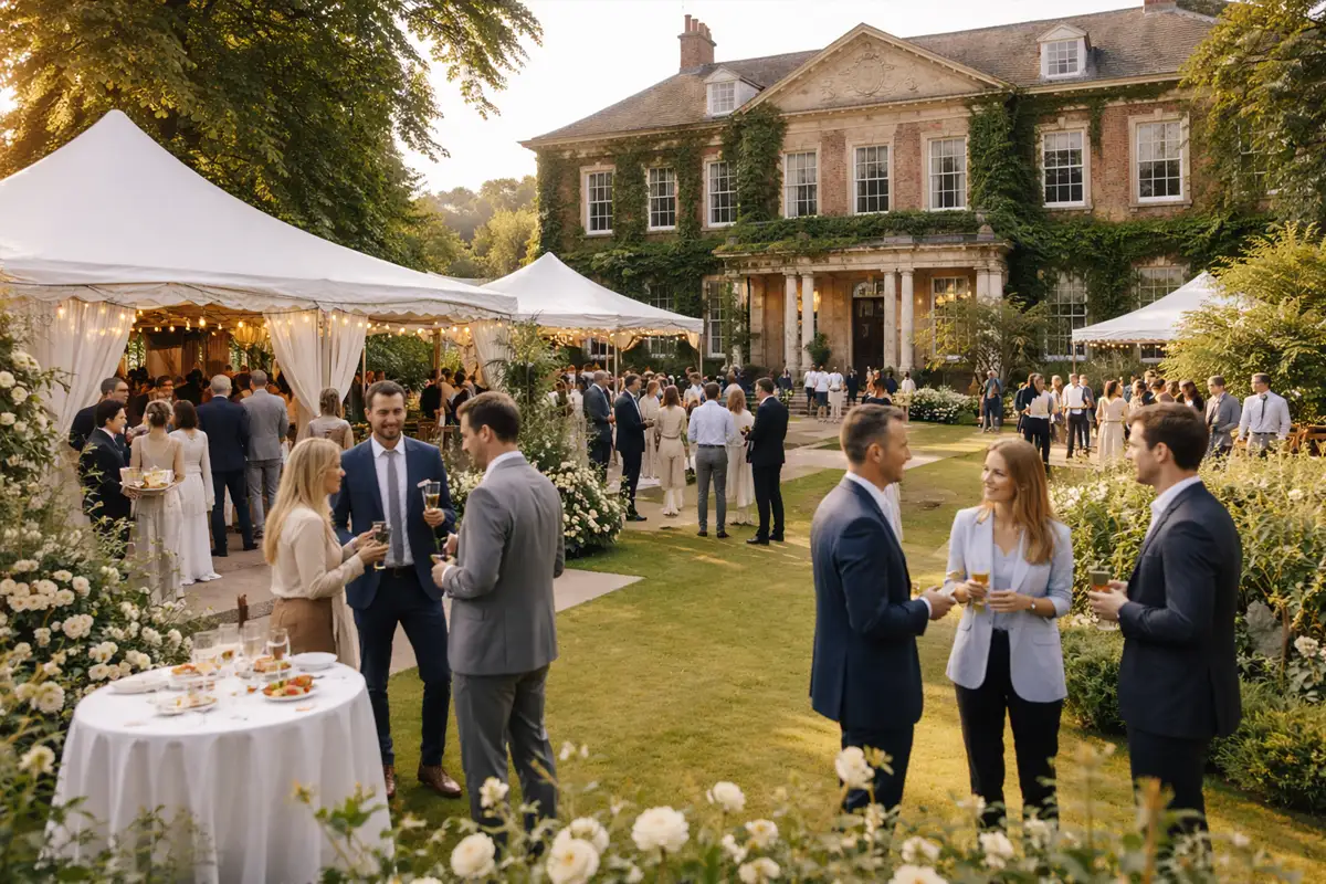 Corporate event reception at historic manor venue garden