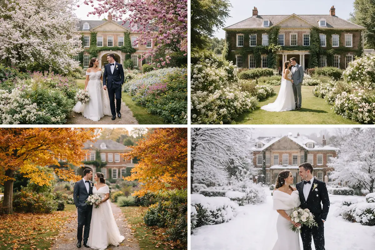 Seasonal countryside wedding scenes in spring summer autumn and winter