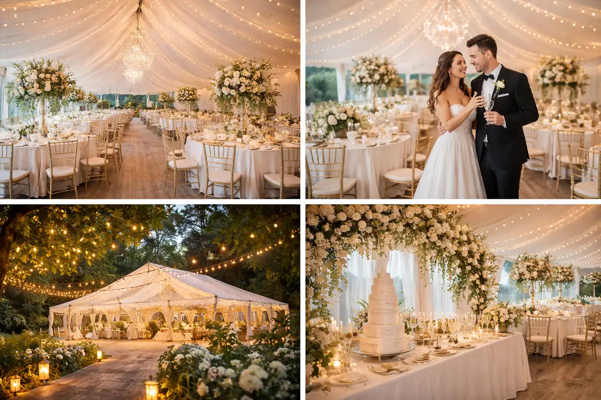 Marquee wedding reception in country house garden at sunset