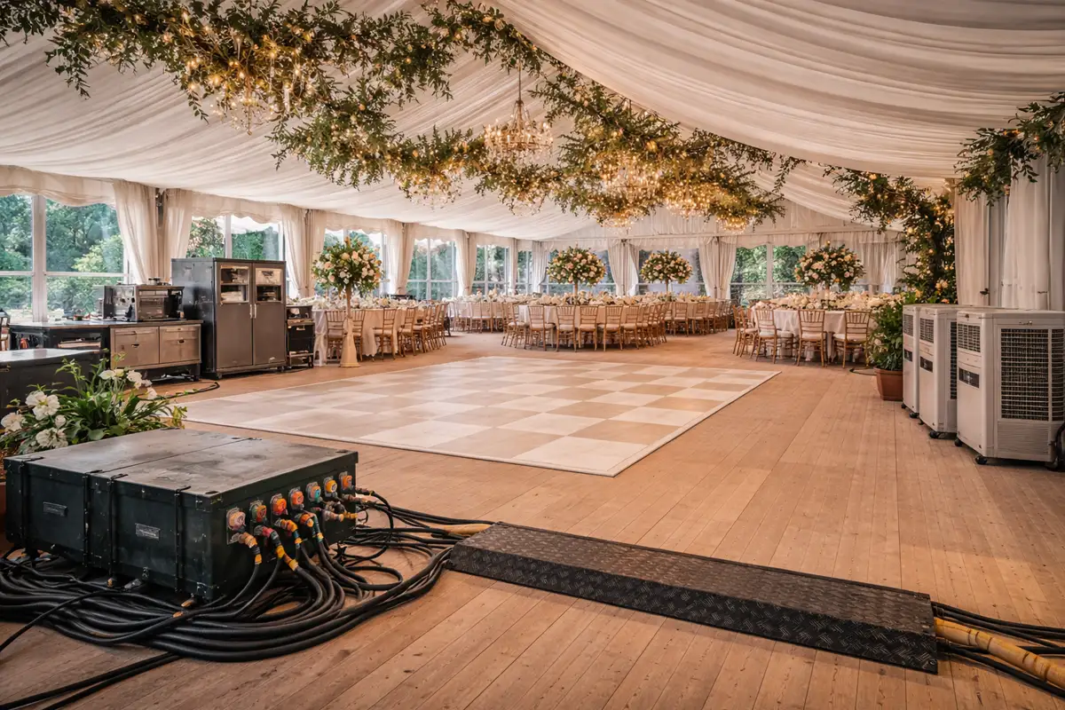 Marquee wedding flooring and power infrastructure setup
