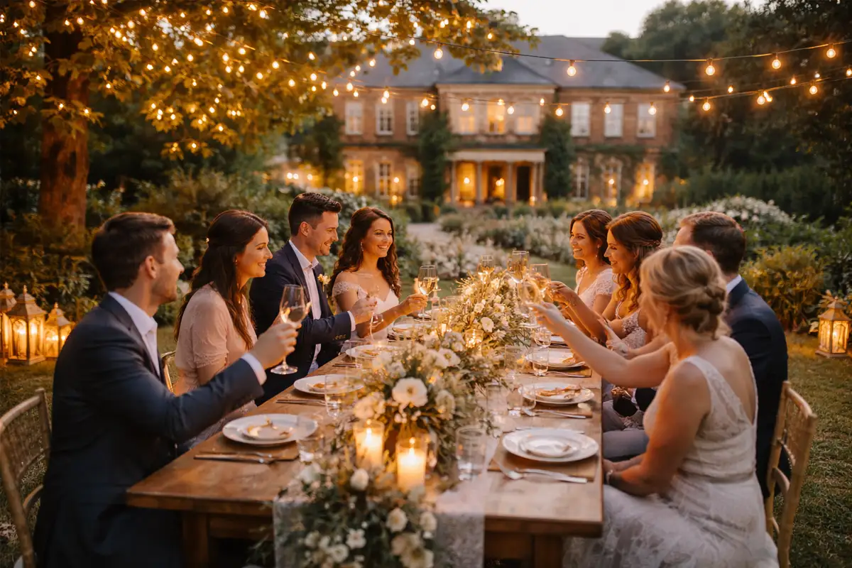 Intimate small wedding reception at country house garden table