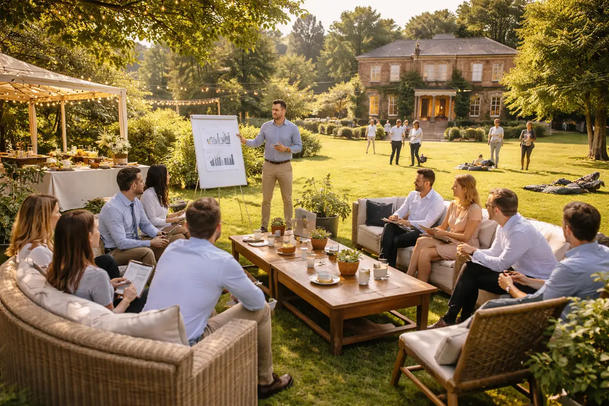 Corporate team away day at countryside manor garden event