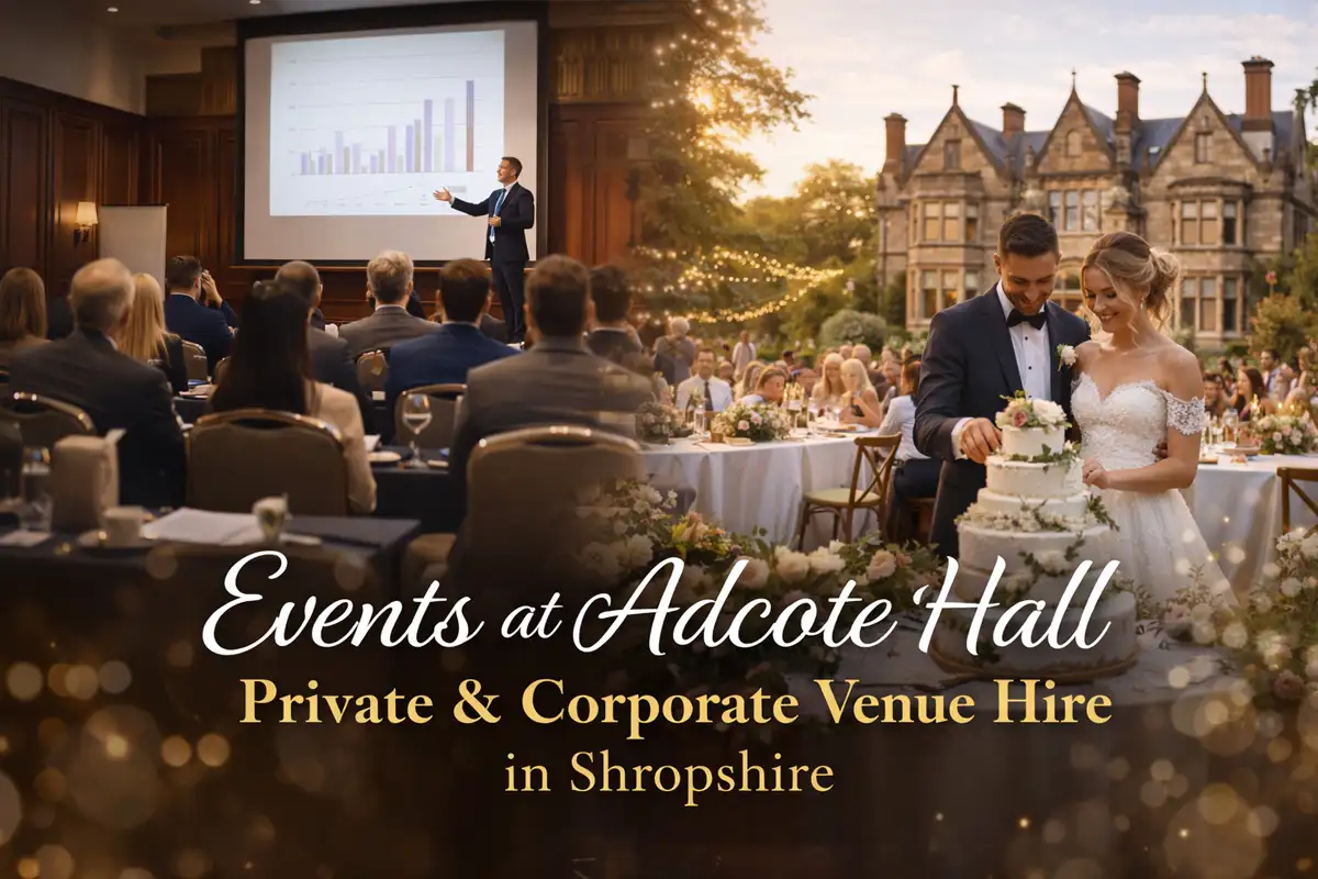 Event venue at Adcote Hall near Shrewsbury and Telford with guests in the gardens