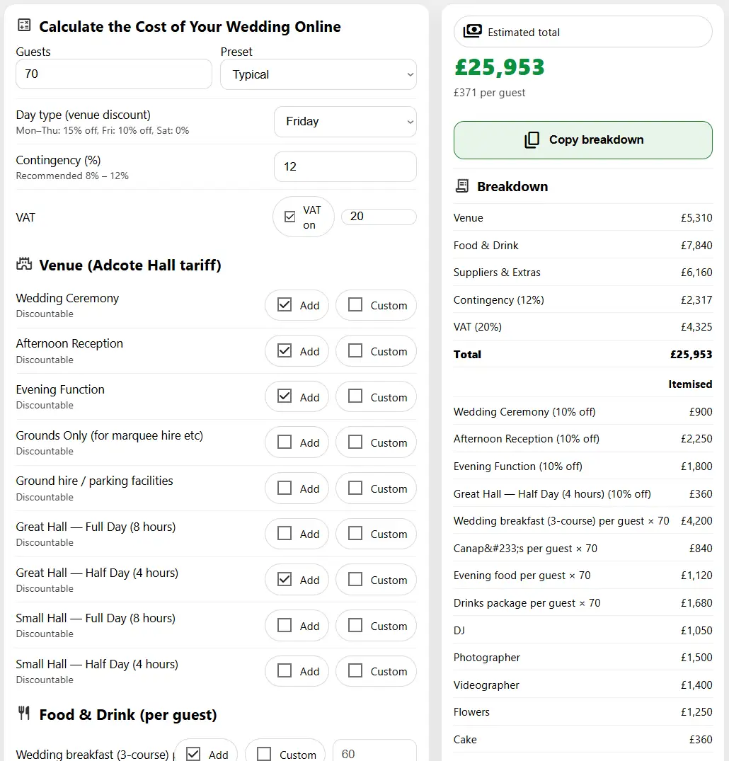 Wedding cost calculator interface