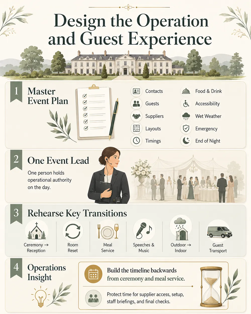 Wedding venue operations and guest experience infographic